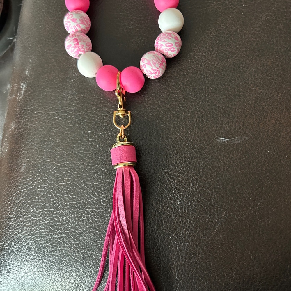 Pink and White Beaded Key Holder with Tassel